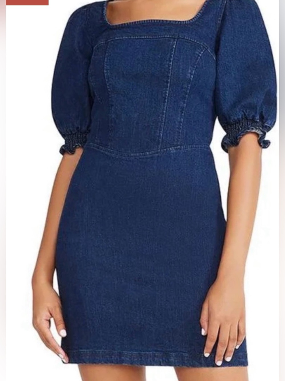 BETSEY JOHNSON Puff Sleeve Denim Stretch Mini Dress Square Neck Basque Waist